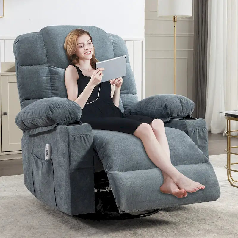 Fauteuil inclinable massant et à bascule en tissu avec fonction chauffante, port USB et porte-gobelets, 1 place