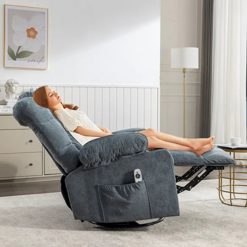 Fauteuil inclinable massant et à bascule en tissu avec fonction chauffante, port USB et porte-gobelets, 1 place