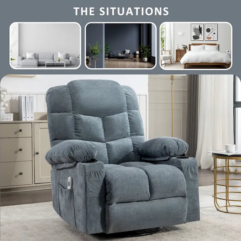 Fauteuil inclinable massant et à bascule en tissu avec fonction chauffante, port USB et porte-gobelets, 1 place