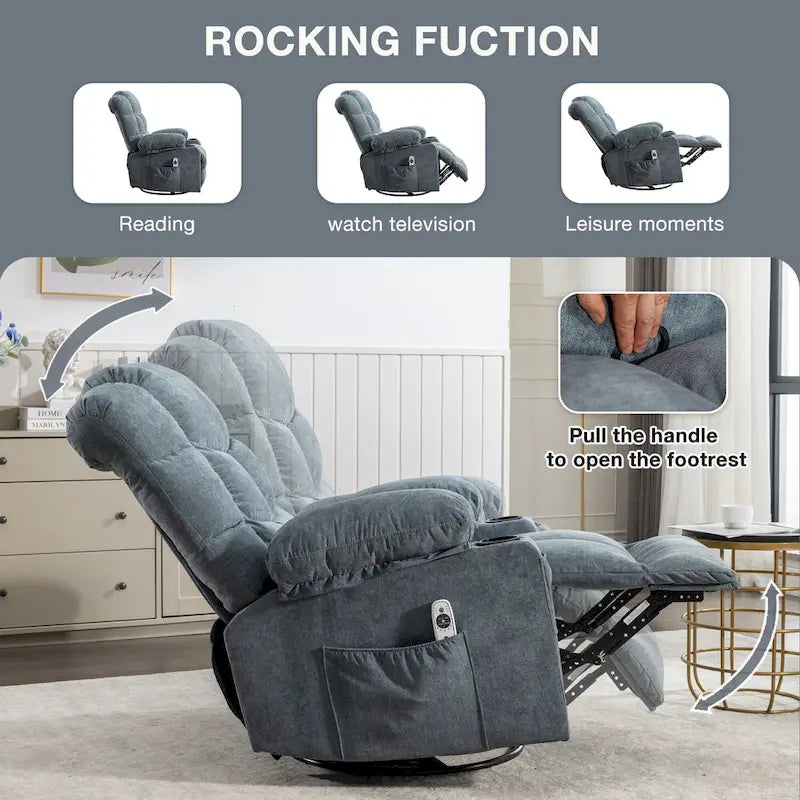 Fauteuil inclinable massant et à bascule en tissu avec fonction chauffante, port USB et porte-gobelets, 1 place