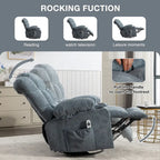 Fauteuil inclinable massant et à bascule en tissu avec fonction chauffante, port USB et porte-gobelets, 1 place
