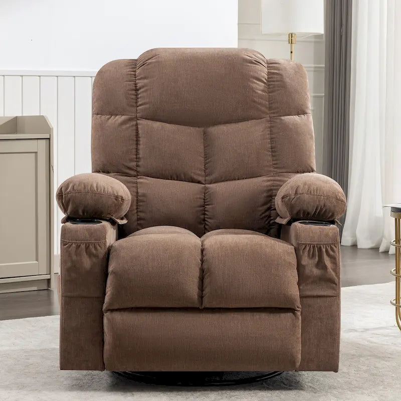 Fauteuil inclinable massant et à bascule en tissu avec fonction chauffante, port USB et porte-gobelets, 1 place