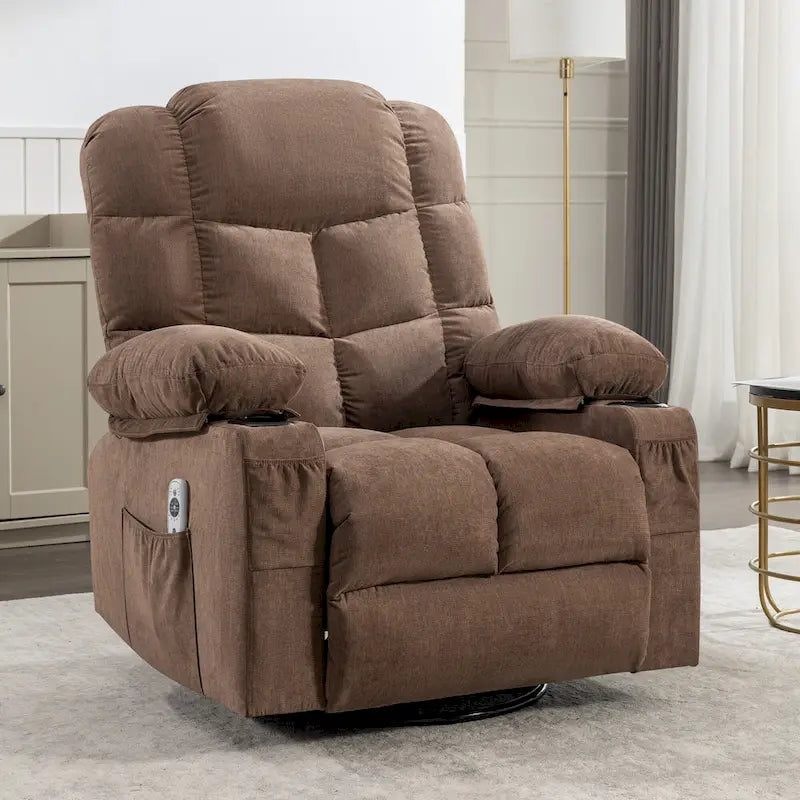 Fauteuil inclinable massant et à bascule en tissu avec fonction chauffante, port USB et porte-gobelets, 1 place