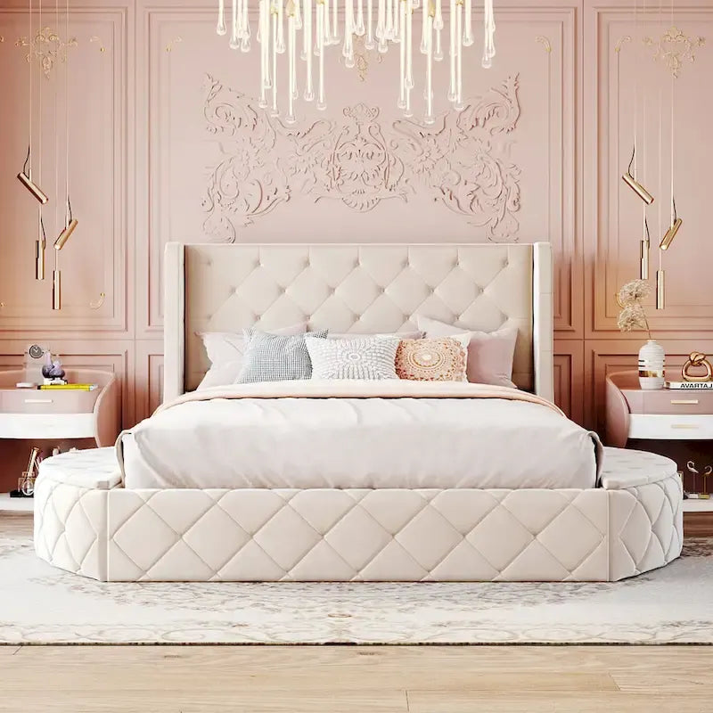 Lit plateforme queen en velours beige avec tête de lit capitonnée, 1 tiroir et 2 poufs de rangement latéraux, assemblage à 2 personnes
