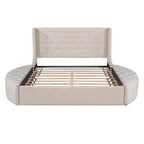Lit plateforme queen en velours beige avec tête de lit capitonnée, 1 tiroir et 2 poufs de rangement latéraux, assemblage à 2 personnes