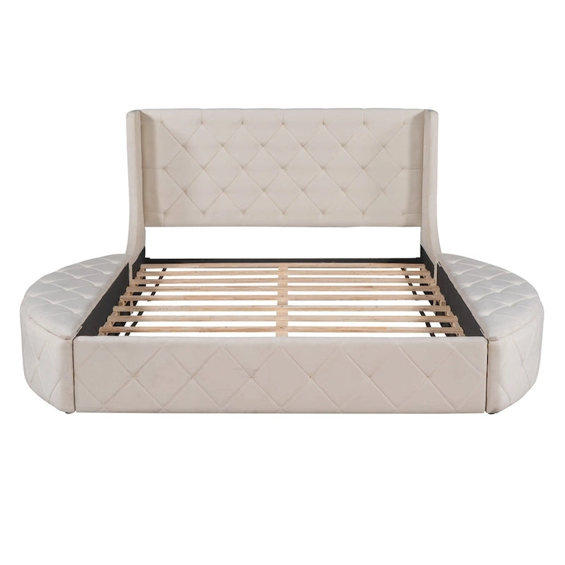 Lit plateforme queen en velours beige avec tête de lit capitonnée, 1 tiroir et 2 poufs de rangement latéraux, assemblage à 2 personnes