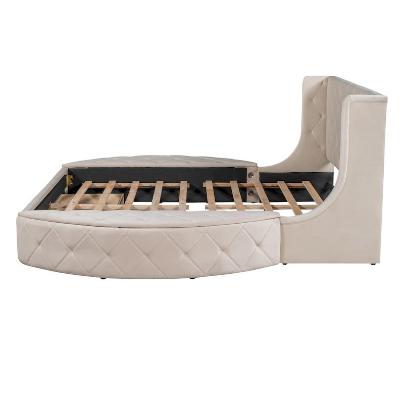 Lit plateforme queen en velours beige avec tête de lit capitonnée, 1 tiroir et 2 poufs de rangement latéraux, assemblage à 2 personnes