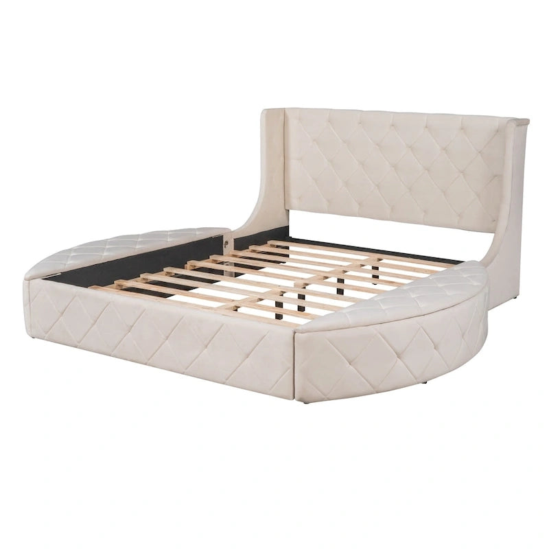 Lit plateforme queen en velours beige avec tête de lit capitonnée, 1 tiroir et 2 poufs de rangement latéraux, assemblage à 2 personnes