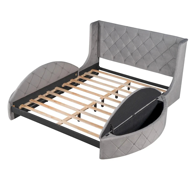 Lit plateforme queen en velours beige avec tête de lit capitonnée, 1 tiroir et 2 poufs de rangement latéraux, assemblage à 2 personnes