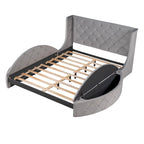 Lit plateforme queen en velours beige avec tête de lit capitonnée, 1 tiroir et 2 poufs de rangement latéraux, assemblage à 2 personnes
