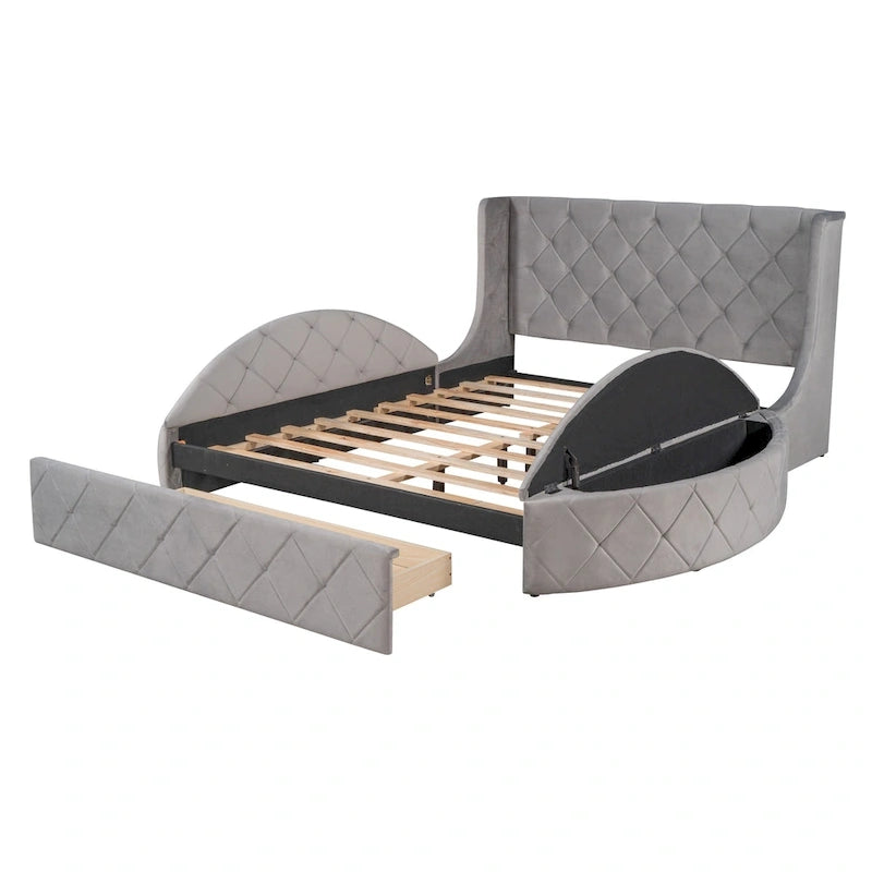 Lit plateforme queen en velours beige avec tête de lit capitonnée, 1 tiroir et 2 poufs de rangement latéraux, assemblage à 2 personnes