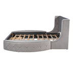 Lit plateforme queen en velours beige avec tête de lit capitonnée, 1 tiroir et 2 poufs de rangement latéraux, assemblage à 2 personnes