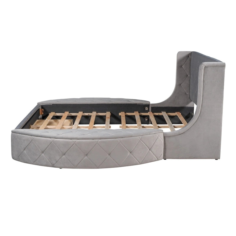 Lit plateforme queen en velours beige avec tête de lit capitonnée, 1 tiroir et 2 poufs de rangement latéraux, assemblage à 2 personnes