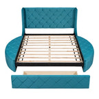 Lit plateforme queen en velours beige avec tête de lit capitonnée, 1 tiroir et 2 poufs de rangement latéraux, assemblage à 2 personnes