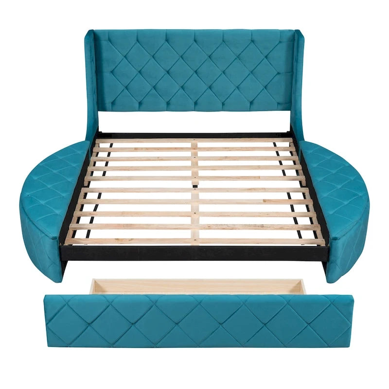 Lit plateforme queen en velours beige avec tête de lit capitonnée, 1 tiroir et 2 poufs de rangement latéraux, assemblage à 2 personnes