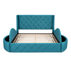 Lit plateforme queen en velours beige avec tête de lit capitonnée, 1 tiroir et 2 poufs de rangement latéraux, assemblage à 2 personnes