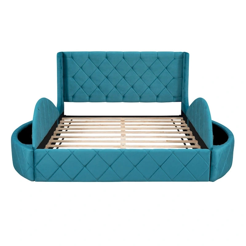 Lit plateforme queen en velours beige avec tête de lit capitonnée, 1 tiroir et 2 poufs de rangement latéraux, assemblage à 2 personnes
