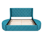 Lit plateforme queen en velours beige avec tête de lit capitonnée, 1 tiroir et 2 poufs de rangement latéraux, assemblage à 2 personnes