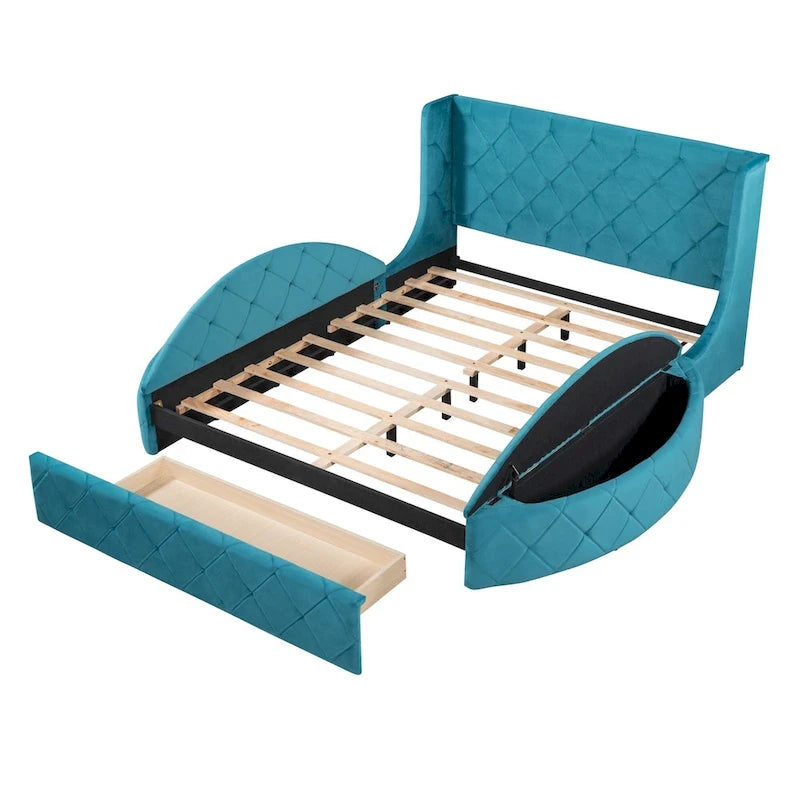 Lit plateforme queen en velours beige avec tête de lit capitonnée, 1 tiroir et 2 poufs de rangement latéraux, assemblage à 2 personnes