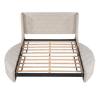 Lit plateforme queen en velours beige avec tête de lit capitonnée, 1 tiroir et 2 poufs de rangement latéraux, assemblage à 2 personnes