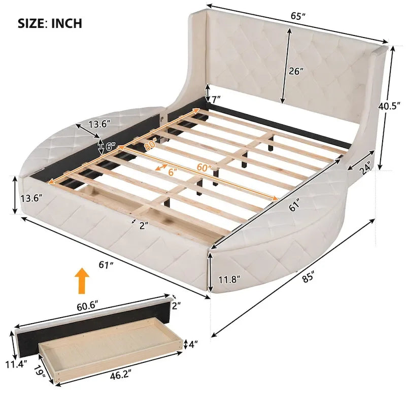 Lit plateforme queen en velours beige avec tête de lit capitonnée, 1 tiroir et 2 poufs de rangement latéraux, assemblage à 2 personnes