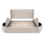 Lit plateforme queen en velours beige avec tête de lit capitonnée, 1 tiroir et 2 poufs de rangement latéraux, assemblage à 2 personnes