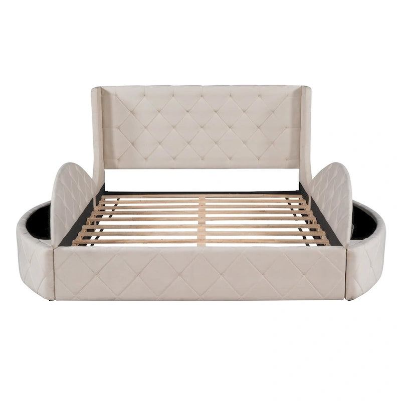 Lit plateforme queen en velours beige avec tête de lit capitonnée, 1 tiroir et 2 poufs de rangement latéraux, assemblage à 2 personnes