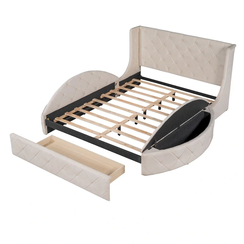Lit plateforme queen en velours beige avec tête de lit capitonnée, 1 tiroir et 2 poufs de rangement latéraux, assemblage à 2 personnes