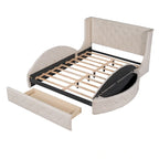 Lit plateforme queen en velours beige avec tête de lit capitonnée, 1 tiroir et 2 poufs de rangement latéraux, assemblage à 2 personnes