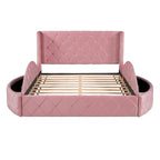 Lit plateforme queen en velours beige avec tête de lit capitonnée, 1 tiroir et 2 poufs de rangement latéraux, assemblage à 2 personnes