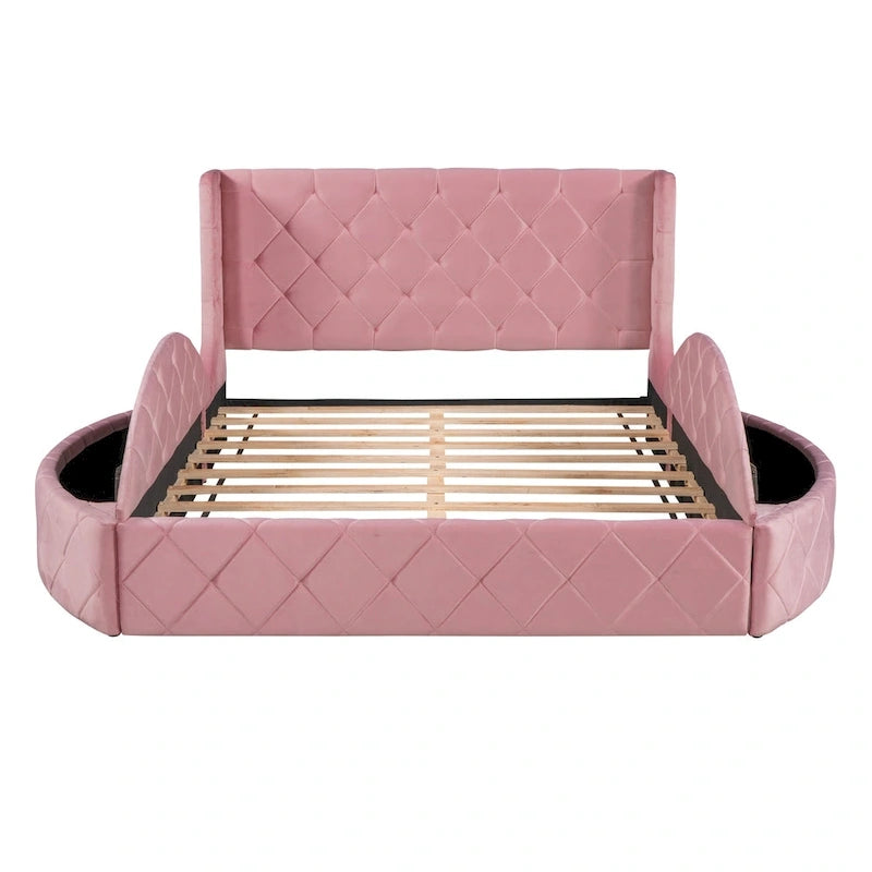 Lit plateforme queen en velours beige avec tête de lit capitonnée, 1 tiroir et 2 poufs de rangement latéraux, assemblage à 2 personnes