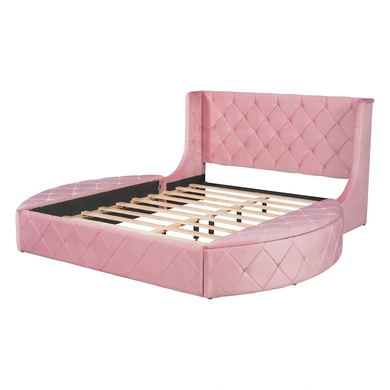 Lit plateforme queen en velours beige avec tête de lit capitonnée, 1 tiroir et 2 poufs de rangement latéraux, assemblage à 2 personnes