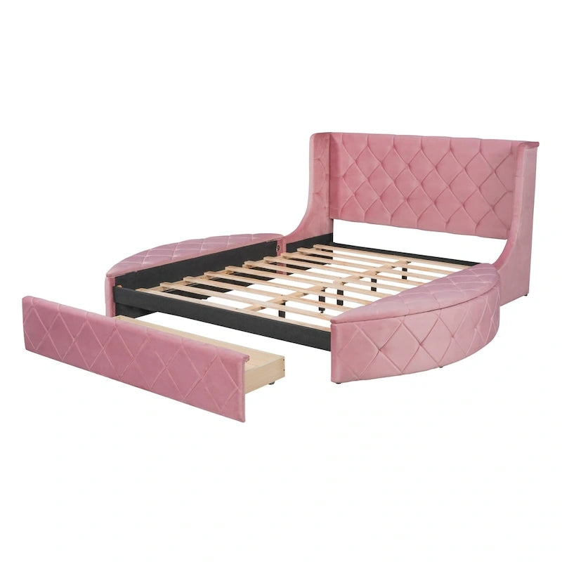 Lit plateforme queen en velours beige avec tête de lit capitonnée, 1 tiroir et 2 poufs de rangement latéraux, assemblage à 2 personnes