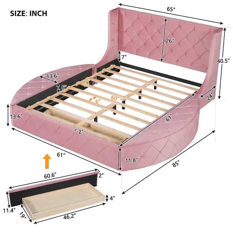 Lit plateforme queen en velours beige avec tête de lit capitonnée, 1 tiroir et 2 poufs de rangement latéraux, assemblage à 2 personnes