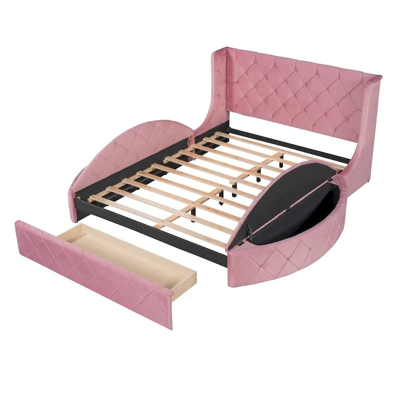 Lit plateforme queen en velours beige avec tête de lit capitonnée, 1 tiroir et 2 poufs de rangement latéraux, assemblage à 2 personnes