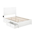 Lit plateforme double en bois massif blanc avec tête de lit, 2 tiroirs de rangement et station de charge USB, assemblage par 2 personnes