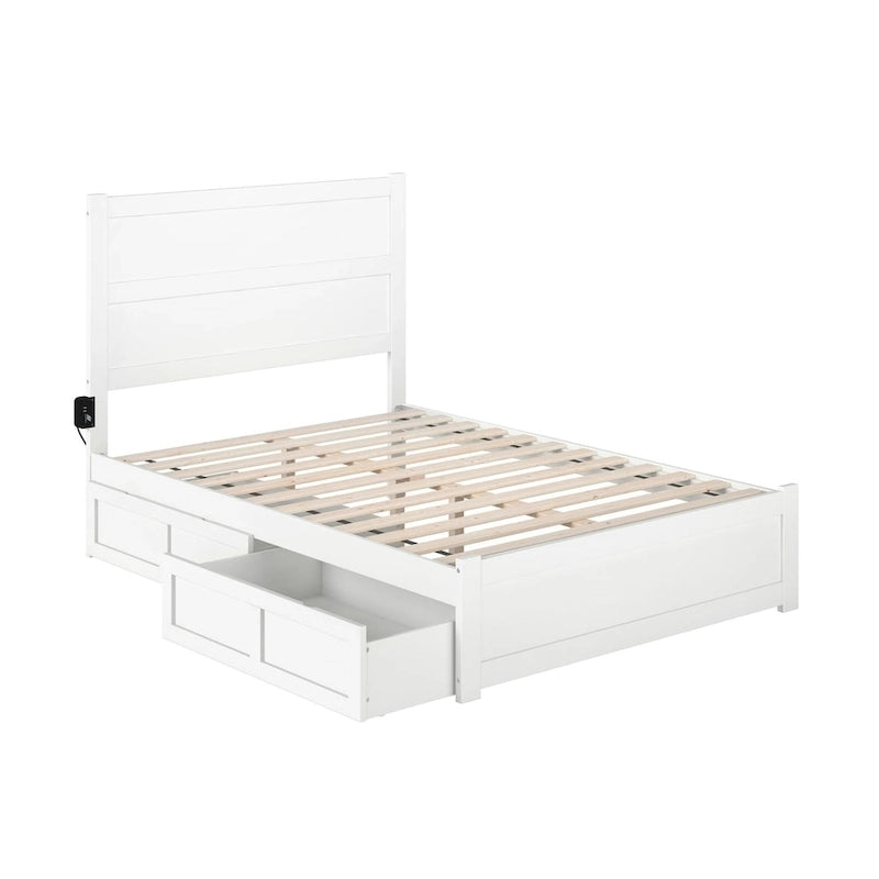 Lit plateforme double en bois massif blanc avec tête de lit, 2 tiroirs de rangement et station de charge USB, assemblage par 2 personnes