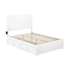 Lit plateforme double en bois massif blanc avec tête de lit, 2 tiroirs de rangement et station de charge USB, assemblage par 2 personnes