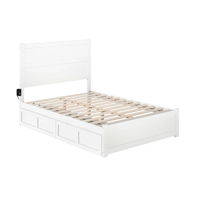 Lit plateforme double en bois massif blanc avec tête de lit, 2 tiroirs de rangement et station de charge USB, assemblage par 2 personnes