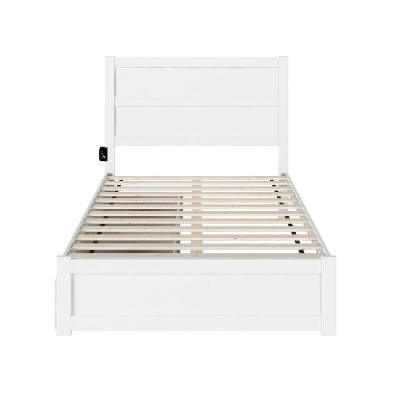 Lit plateforme double en bois massif blanc avec tête de lit, 2 tiroirs de rangement et station de charge USB, assemblage par 2 personnes