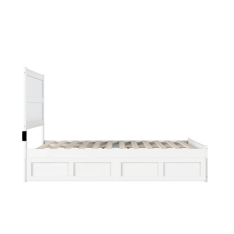 Lit plateforme double en bois massif blanc avec tête de lit, 2 tiroirs de rangement et station de charge USB, assemblage par 2 personnes