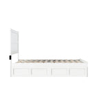 Lit plateforme double en bois massif blanc avec tête de lit, 2 tiroirs de rangement et station de charge USB, assemblage par 2 personnes