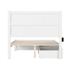 Lit plateforme double en bois massif blanc avec tête de lit, 2 tiroirs de rangement et station de charge USB, assemblage par 2 personnes