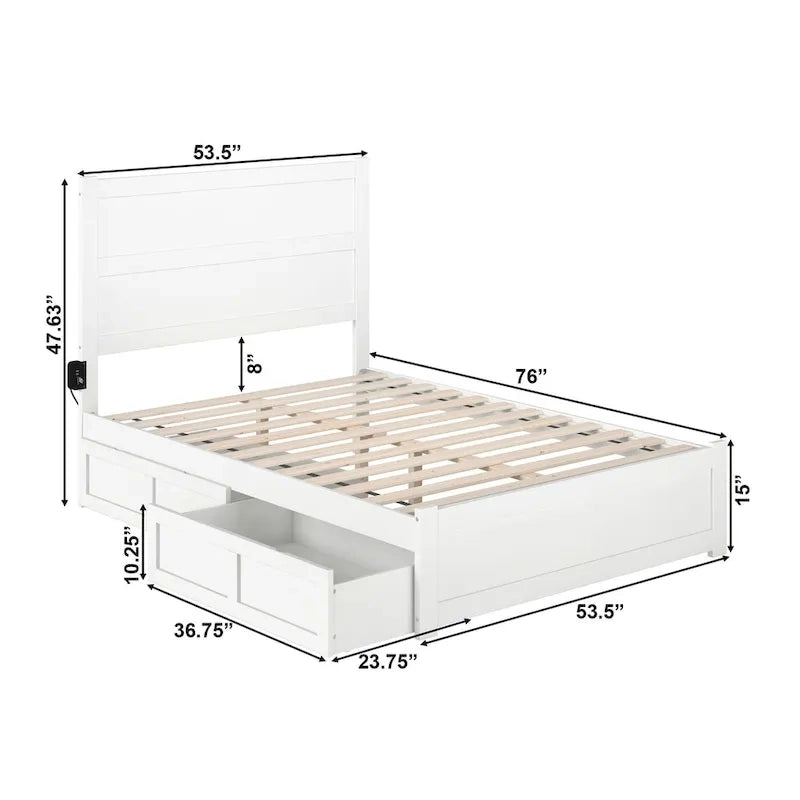 Lit plateforme double en bois massif blanc avec tête de lit, 2 tiroirs de rangement et station de charge USB, assemblage par 2 personnes