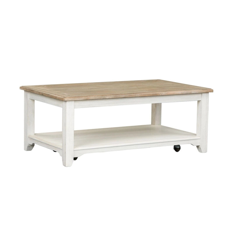 Table basse rectangulaire blanchie à roulettes avec étagère inférieure, montage par 1 personne