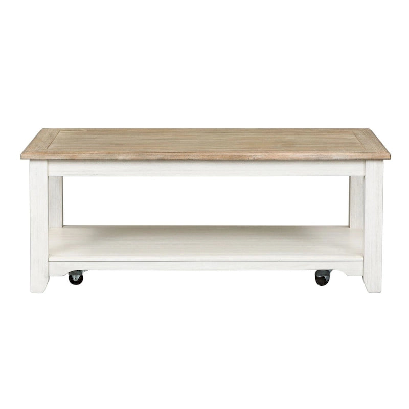 Table basse rectangulaire blanchie à roulettes avec étagère inférieure, montage par 1 personne