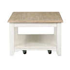 Table basse rectangulaire blanchie à roulettes avec étagère inférieure, montage par 1 personne