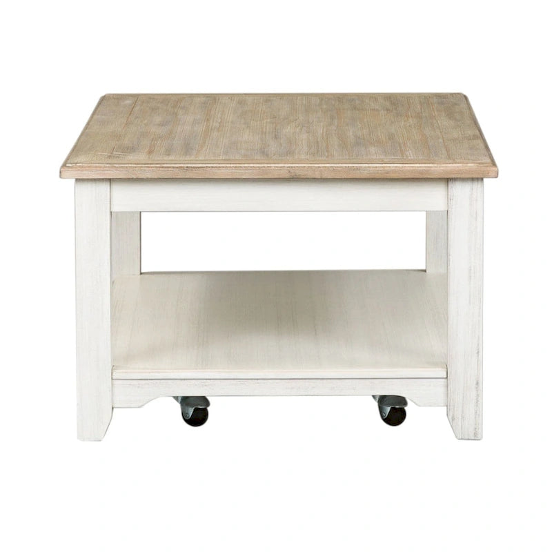 Table basse rectangulaire blanchie à roulettes avec étagère inférieure, montage par 1 personne