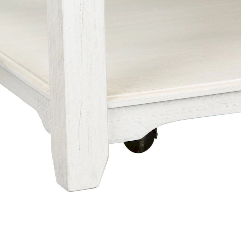 Table basse rectangulaire blanchie à roulettes avec étagère inférieure, montage par 1 personne