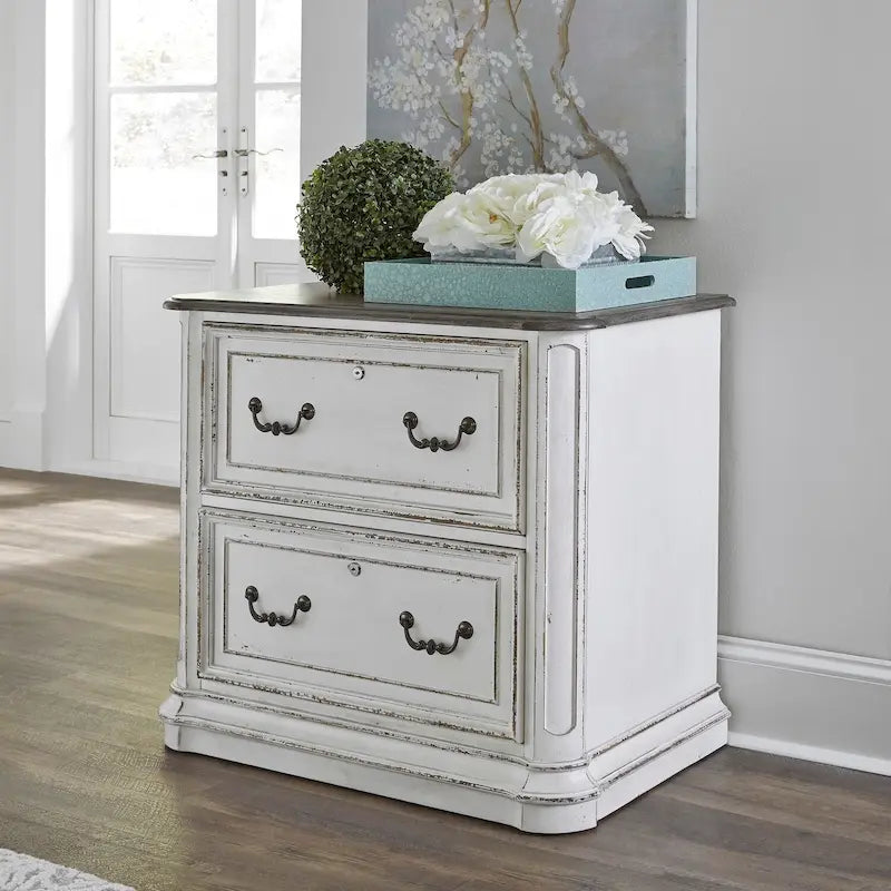 Classeur latéral antique blanc avec 2 tiroirs à extension complète verrouillables et pieds tournés, assemblage par 1 personne